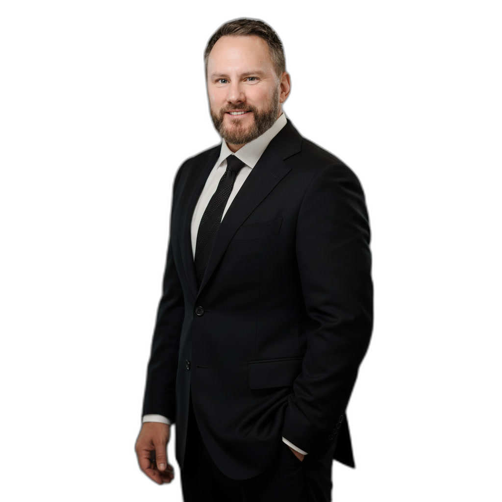 A man with a beard wearing a black suit, white shirt, and black tie stands against a plain white background, looking at the camera and smiling.