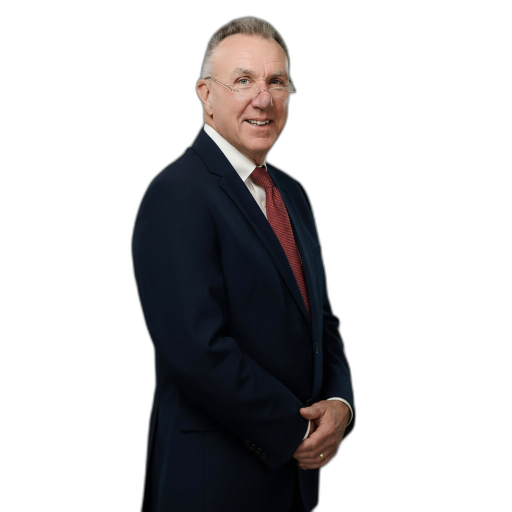 An older man in a dark suit, white shirt, and red tie stands against a plain white background, looking at the camera and smiling.