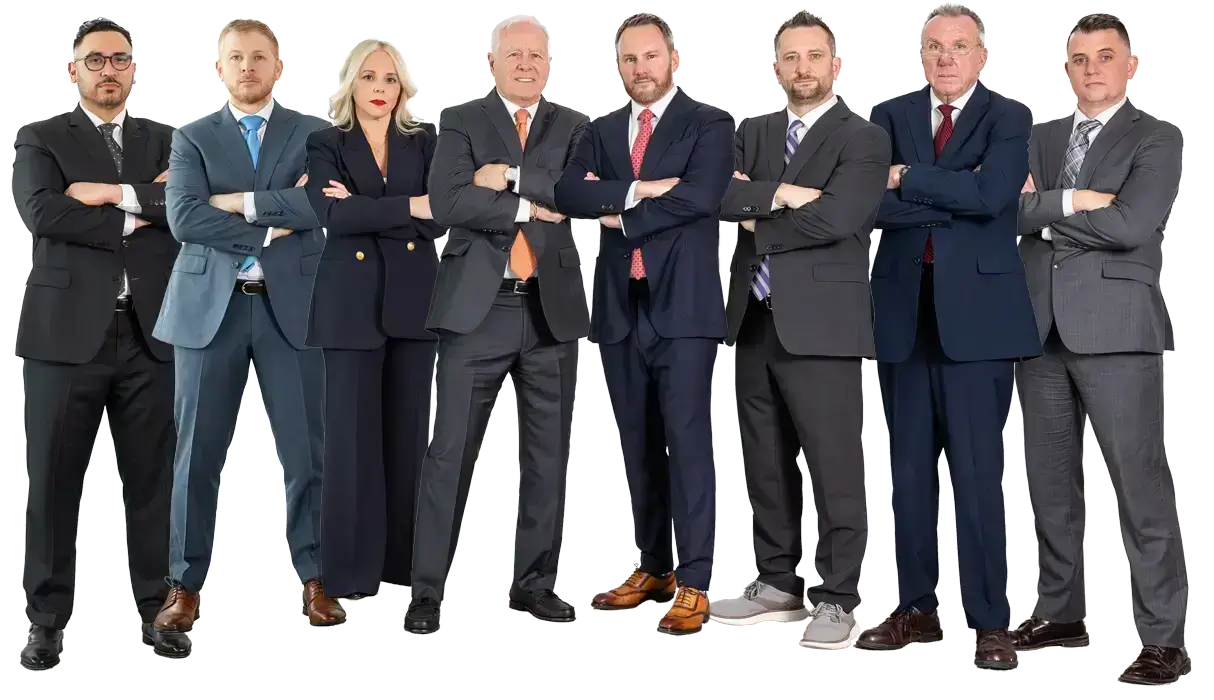 Eight people in business attire stand in a row with arms crossed, facing forward, against a plain white background.
