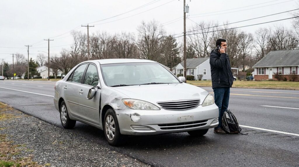 man talking on phone beside damaged sedan with front bumper collision damage