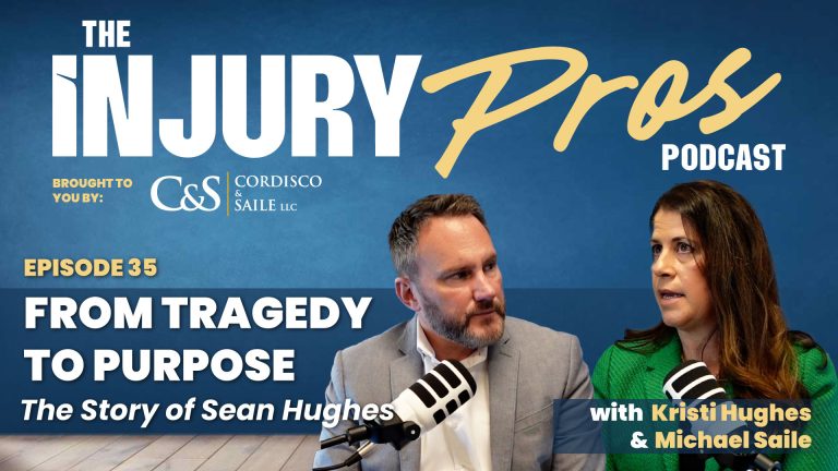 Two podcast hosts, Kristi Hughes and Michael Saile, sit with microphones discussing "From Tragedy to Purpose: The Story of Sean Hughes" on The Injury Pros Podcast, episode 35.
