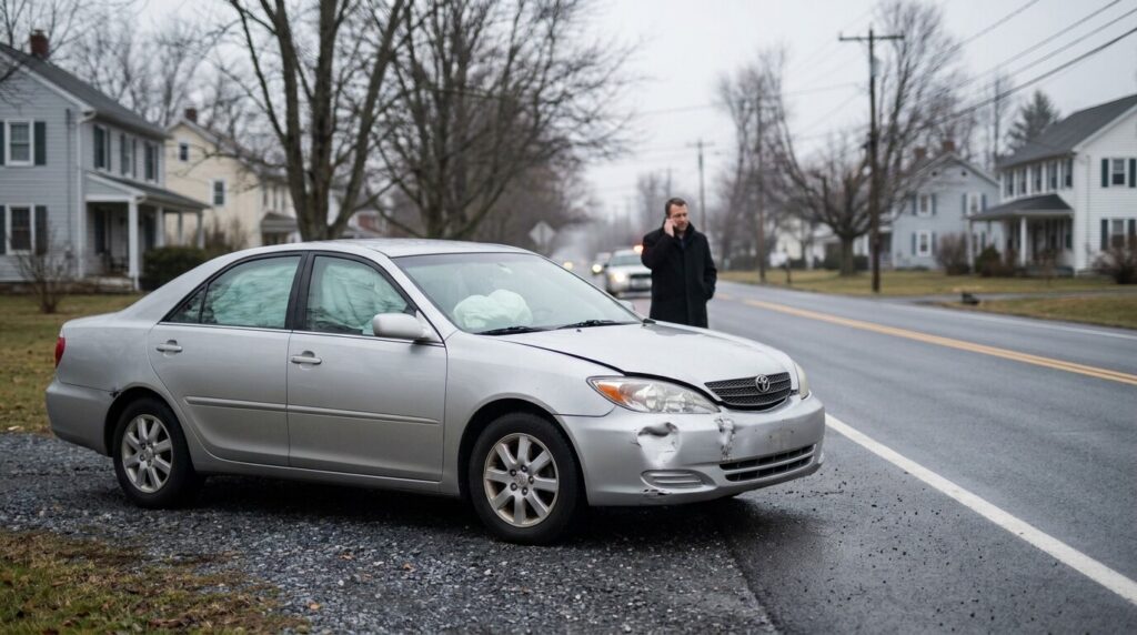 sedan with deployed airbags and front-end damage stopped on roadside after collision