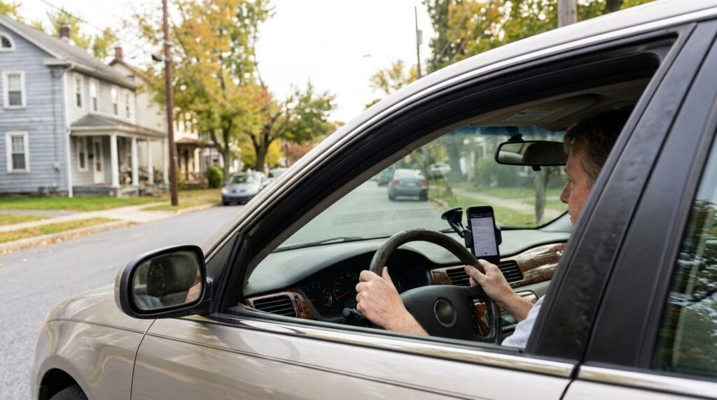 driver operating vehicle while holding smartphone mounted on windshield dashboard