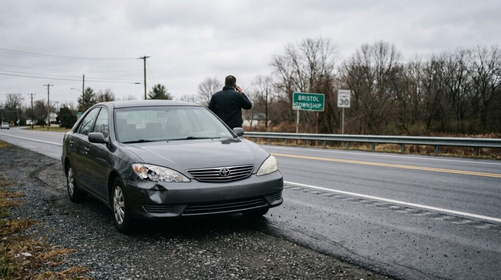 man on phone beside damaged Toyota sedan pulled over near Bristol Township sign