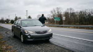 man on phone beside damaged Toyota sedan pulled over near Bristol Township sign