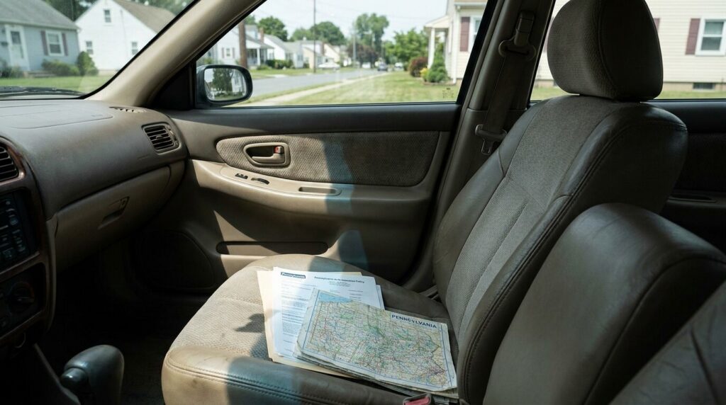 Pennsylvania road map and documents resting on vehicle passenger seat