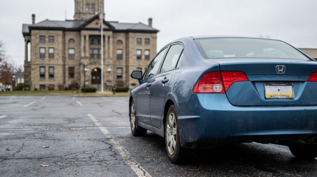 Honda sedan with Pennsylvania license plate parked outside historic courthouse building