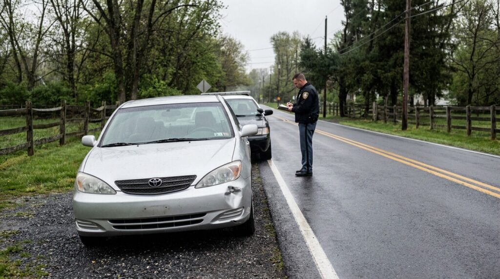 police officer writing report beside damaged Toyota sedan on rural road