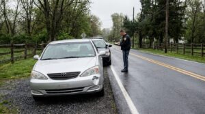 police officer writing report beside damaged Toyota sedan on rural road