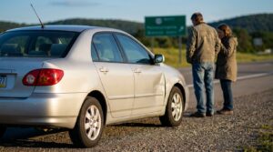 two people standing beside sedan with visible door dent on roadside