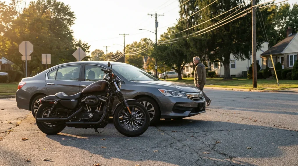 Harley-Davidson motorcycle and sedan stopped at residential street intersection after collision