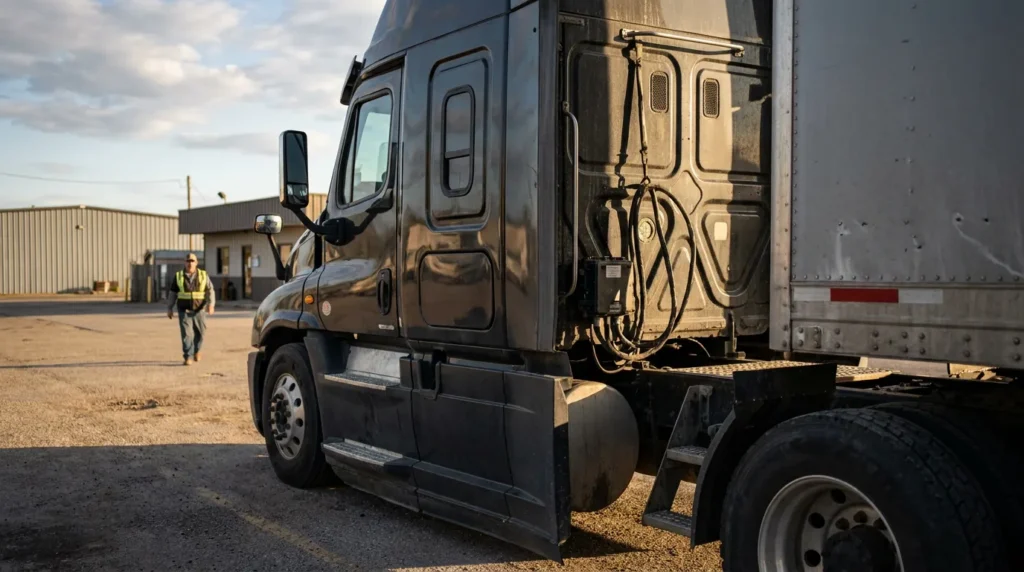 commercial semi-truck cab with trailer coupling and worker in safety vest approaching