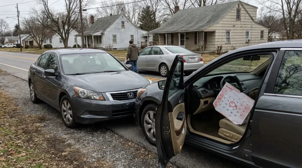 Honda sedan with front-end damage parked roadside near open car door with calendar