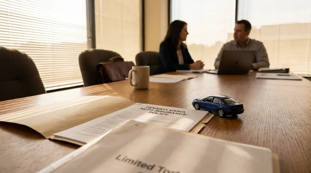 Pennsylvania Auto Insurance Policy document and toy car on conference table during legal meeting