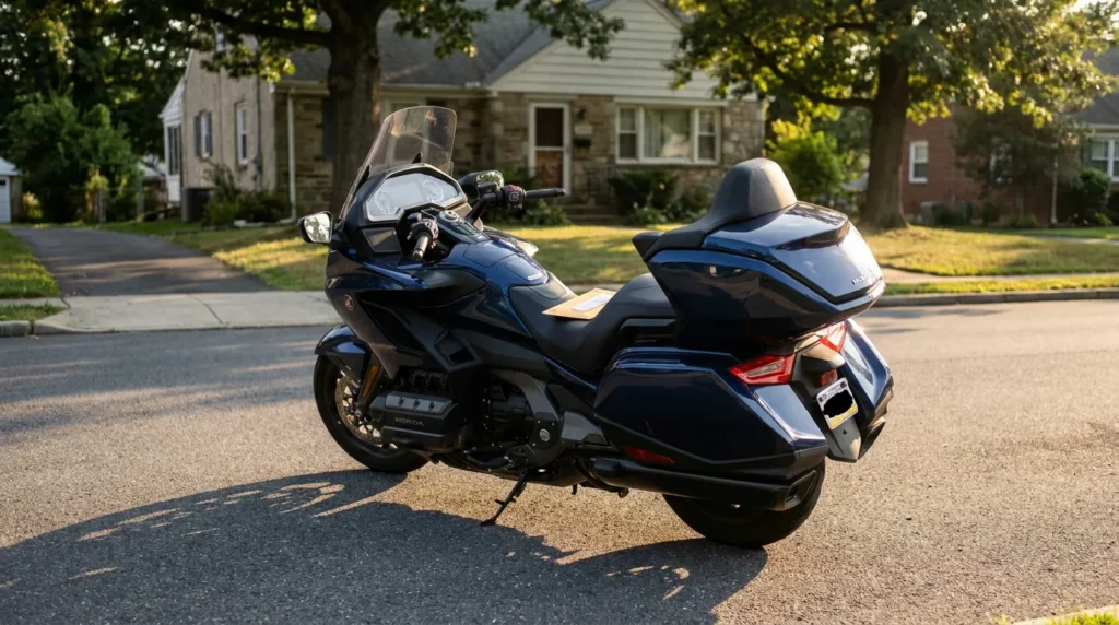 Honda Gold Wing touring motorcycle parked on residential street near homes