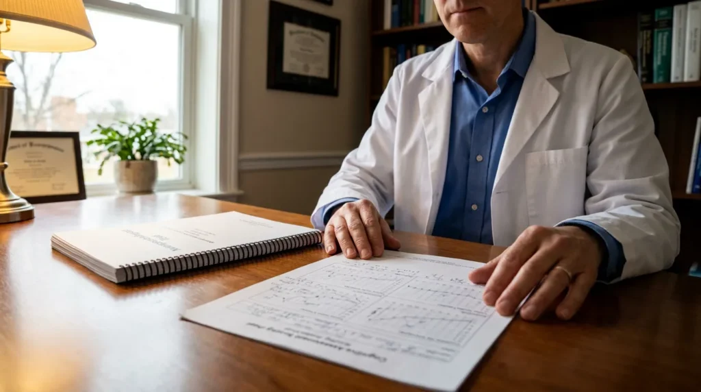 medical professional in lab coat reviewing printed documents at office desk