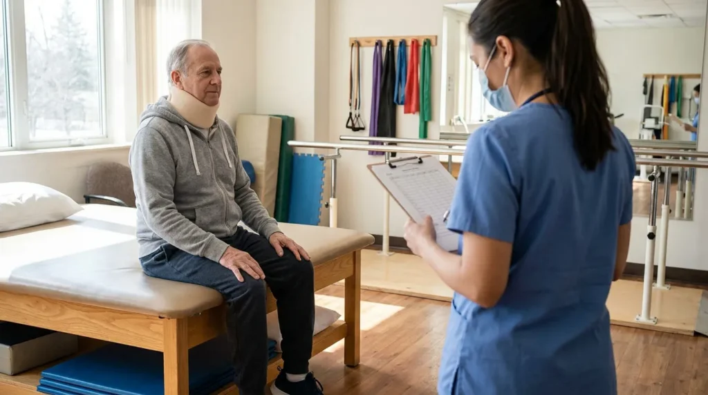 neck brace patient seated on exam table during physical therapy evaluation