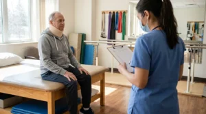 neck brace patient seated on exam table during physical therapy evaluation