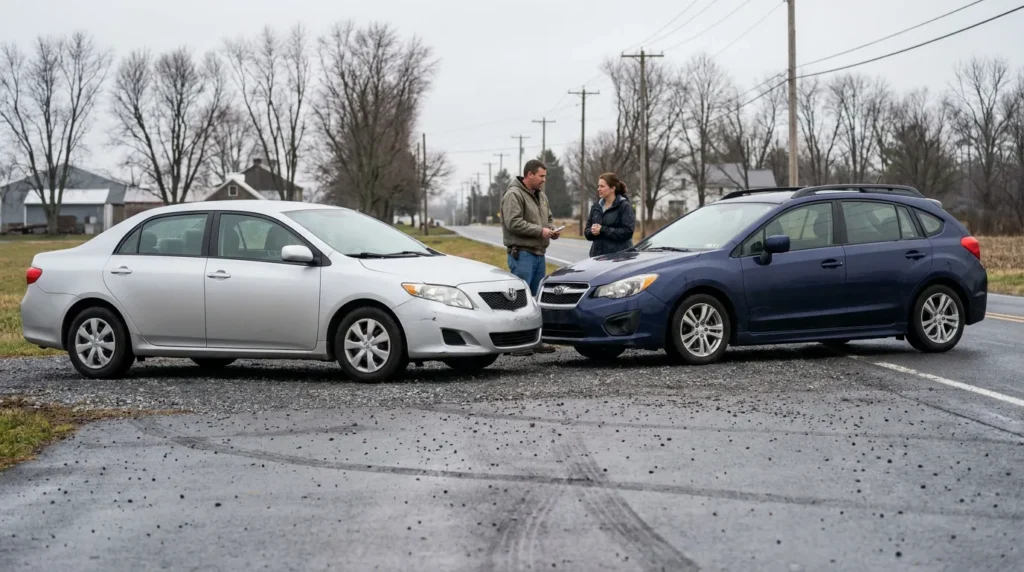two drivers exchanging information beside vehicles involved in rural road collision