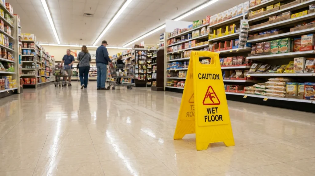 Caution Wet Floor sign placed in grocery store aisle with shoppers nearby
