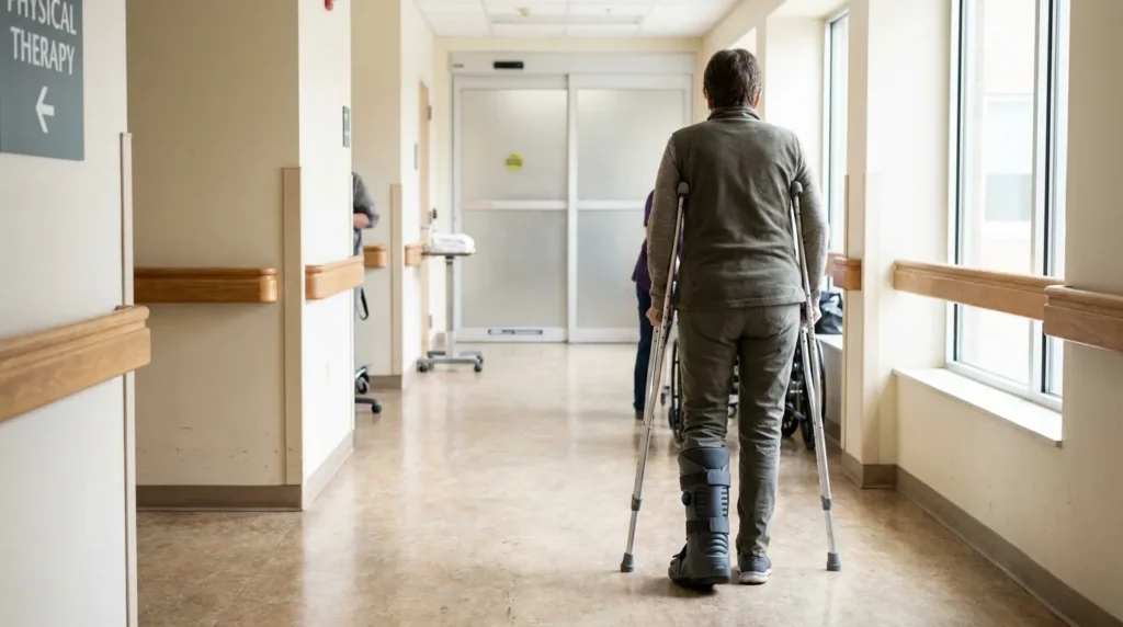 patient on crutches wearing orthopedic boot walking toward physical therapy sign
