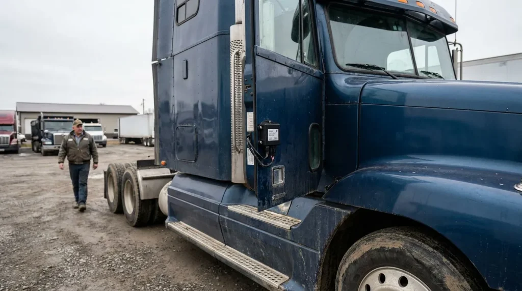 truck driver walking alongside large semi-truck cab in commercial lot