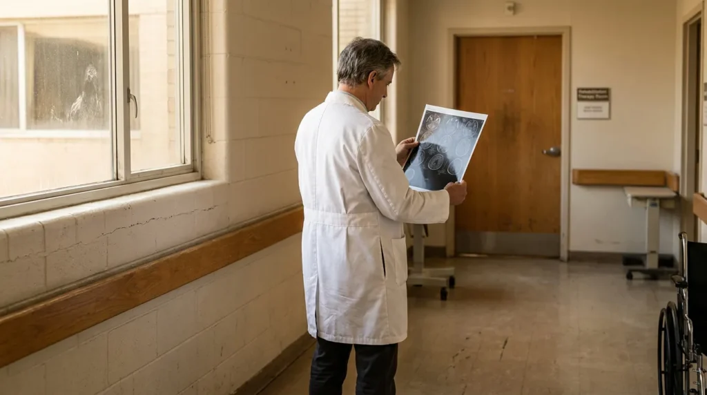 doctor in lab coat examining brain scan X-ray in hospital hallway