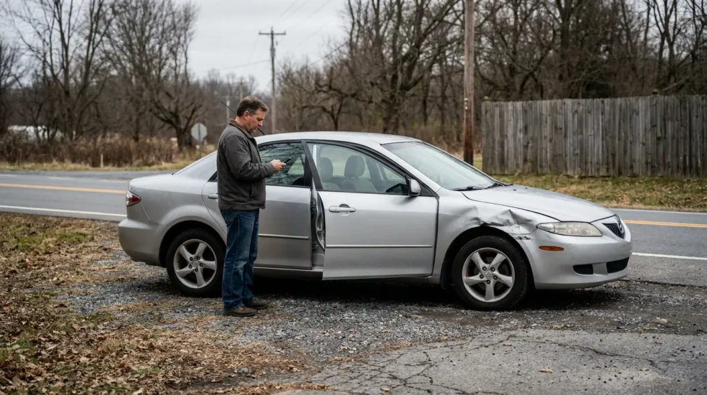 man using phone beside sedan with front-end collision damage on roadside