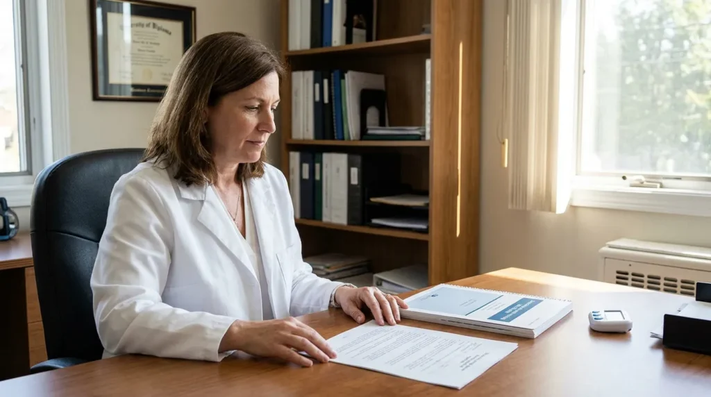 female professional in lab coat reviewing documents at office desk with diploma on wall