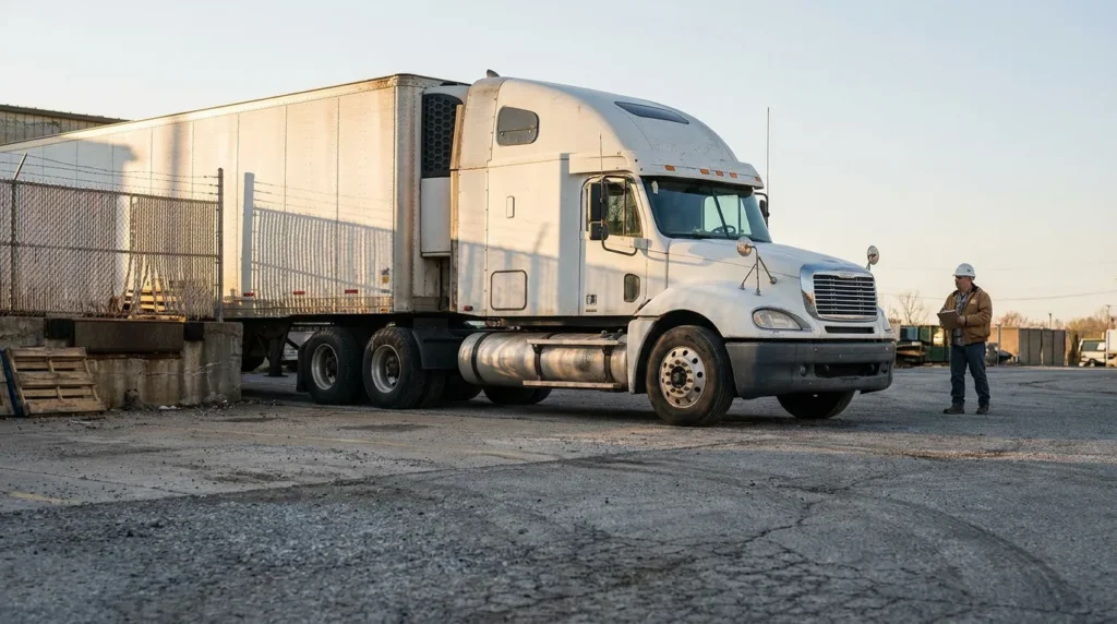 worker wearing hard hat holding clipboard inspecting semi-truck at industrial lot