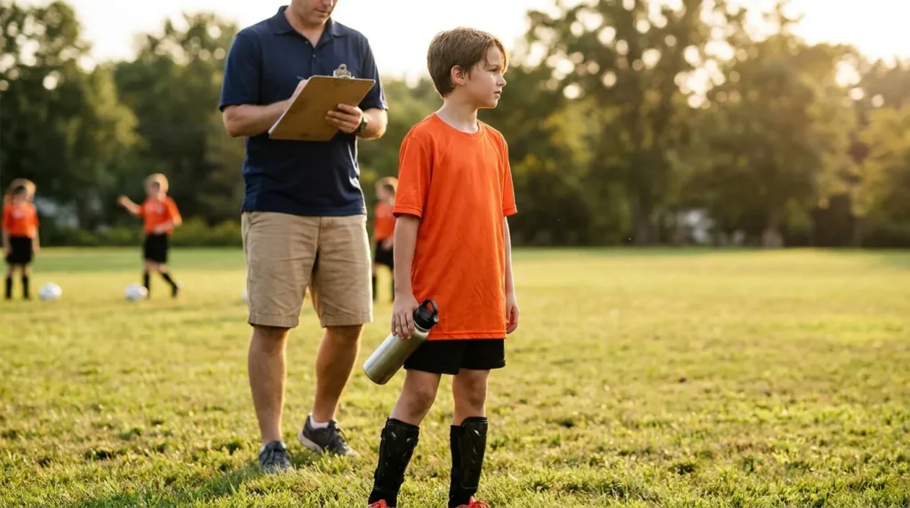 youth soccer player holding water bottle standing on field with adult coach holding clipboard