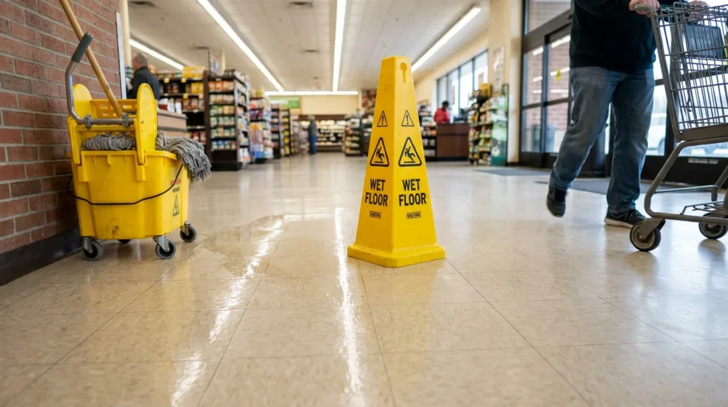 Wet Floor caution sign and mop bucket on slippery grocery store tile floor