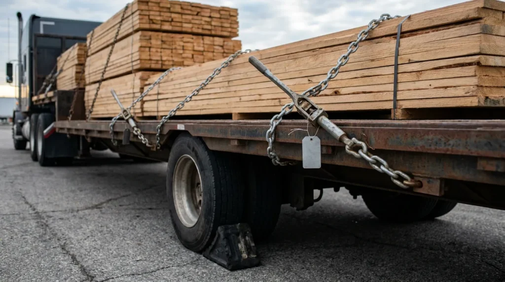 flatbed semi-truck hauling stacked lumber secured with chain binders