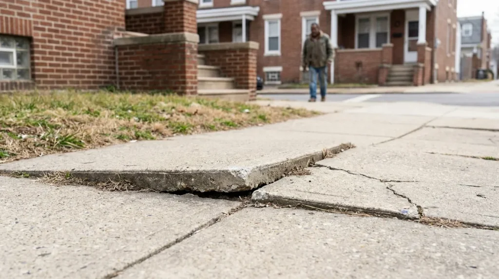 cracked and raised concrete sidewalk slab with pedestrian walking in background