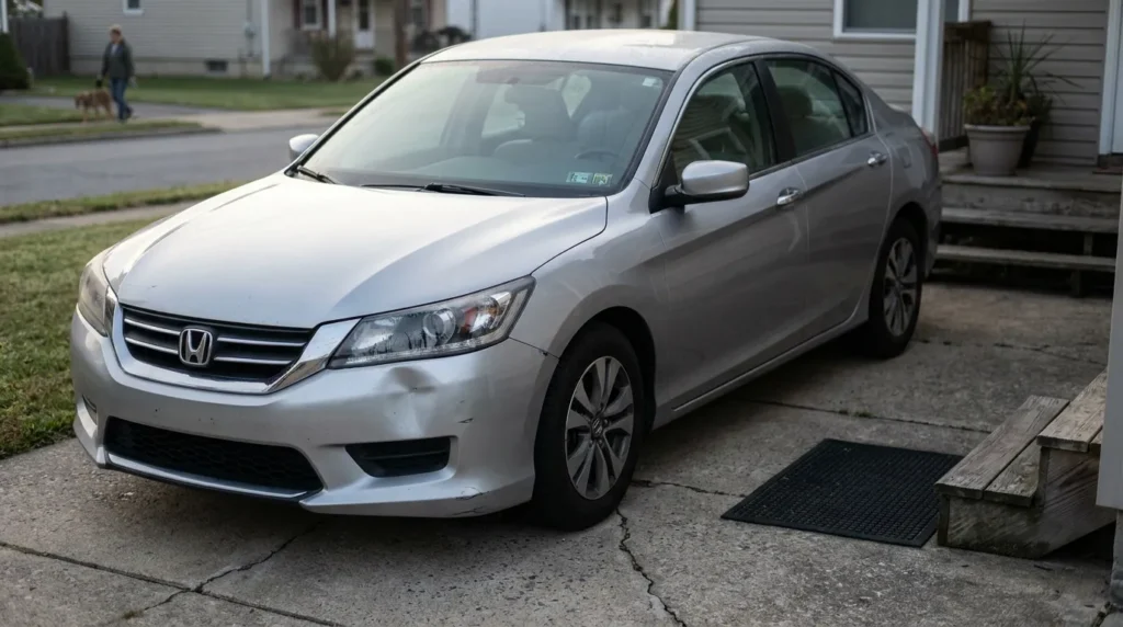 Honda Accord sedan with visible front bumper dent parked in residential driveway