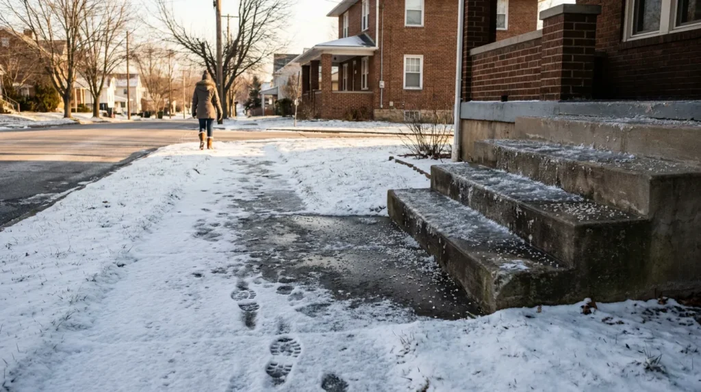 pedestrian walking on icy snow-covered sidewalk past brick building concrete steps