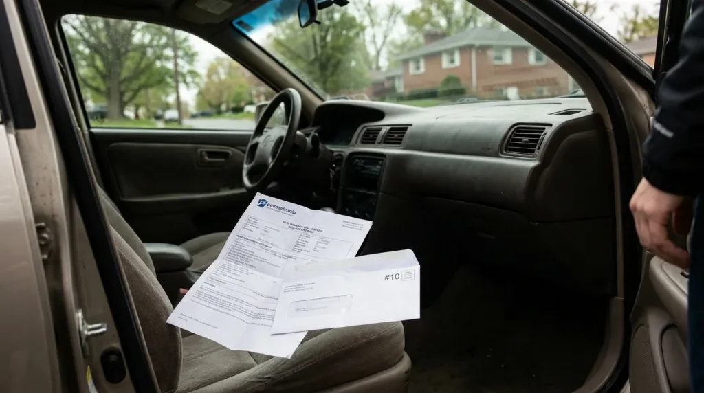 auto insurance declarations page and envelope resting on vehicle passenger seat