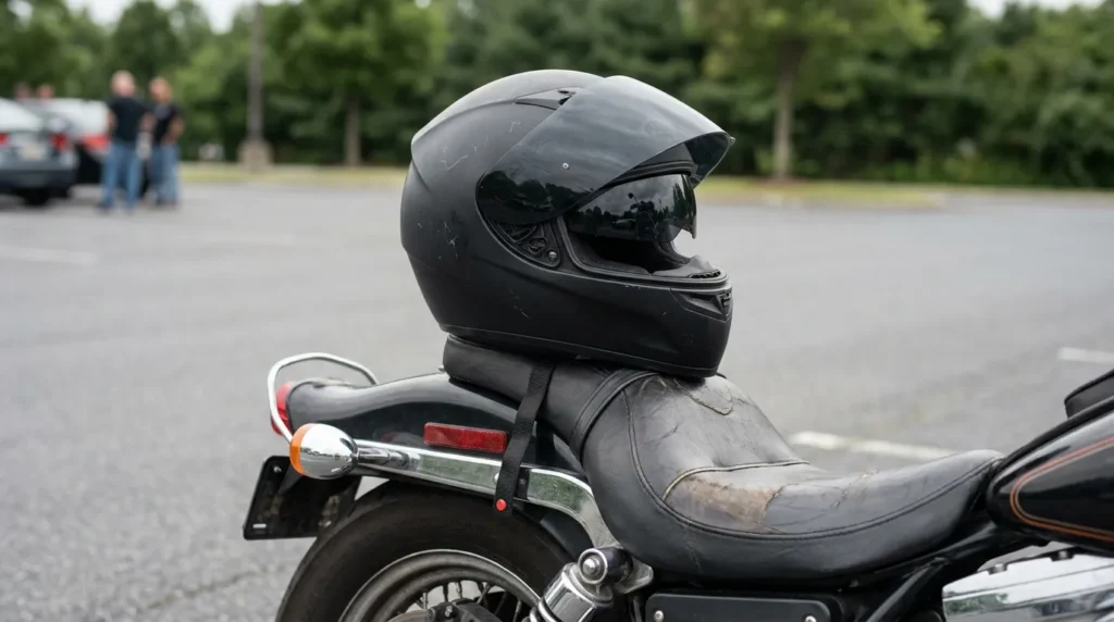 full-face motorcycle helmet resting on leather motorcycle seat in parking lot