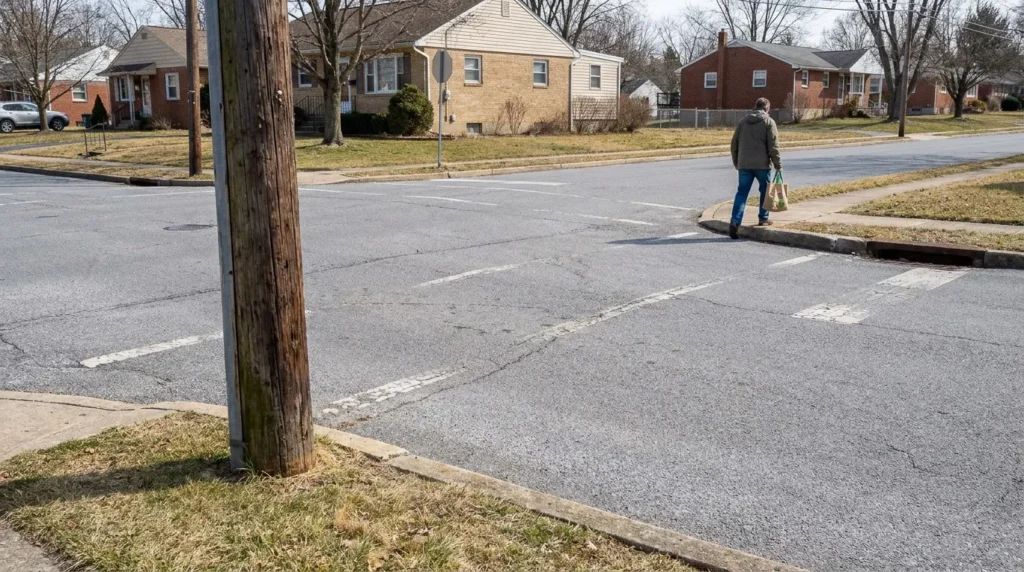 pedestrian carrying bags crossing residential street intersection near utility pole