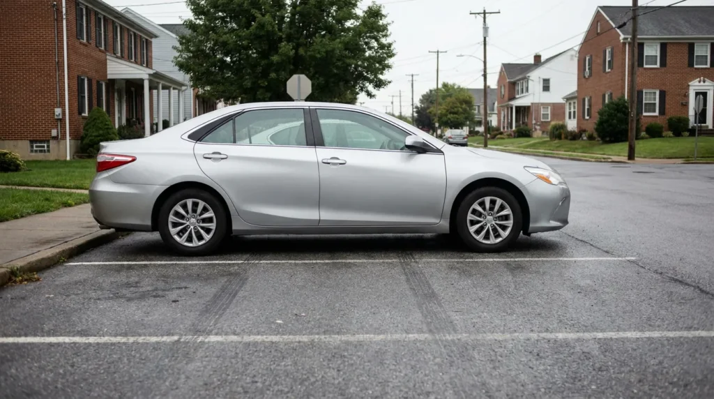 Toyota Camry sedan parked on residential street near stop sign