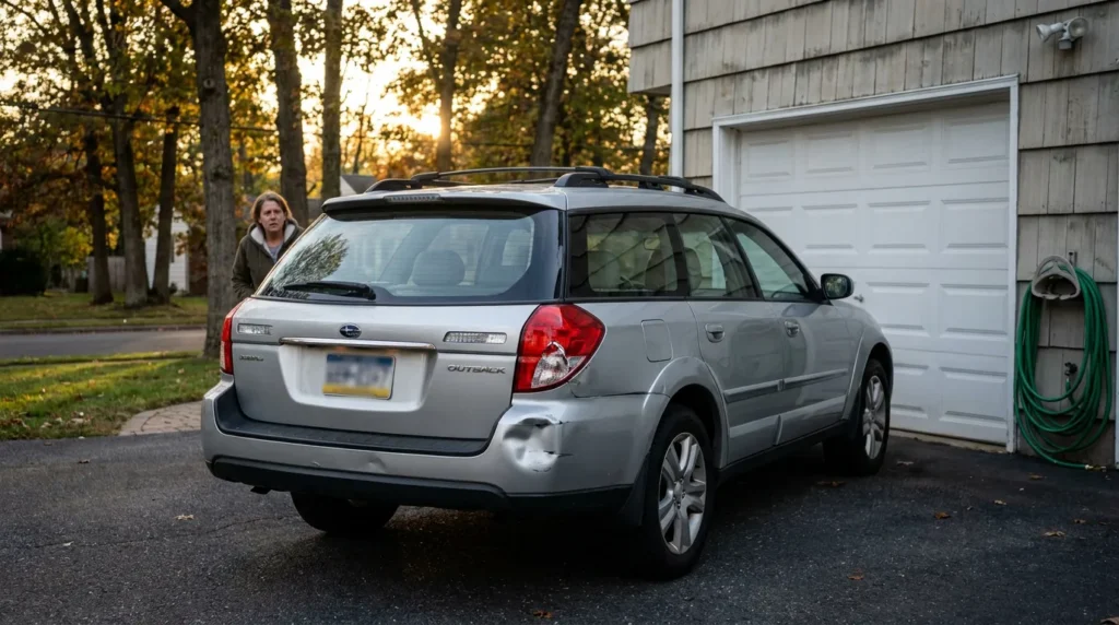 Subaru Outback wagon with visible rear bumper dent parked in residential driveway