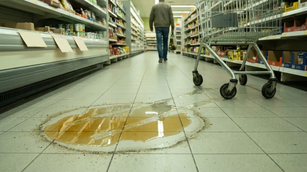liquid spill on grocery store aisle floor near shopping cart and shopper