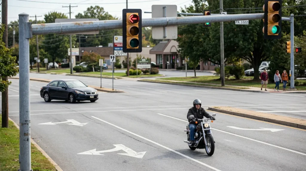 helmeted motorcyclist riding through Pennsylvania intersection with traffic signals overhead