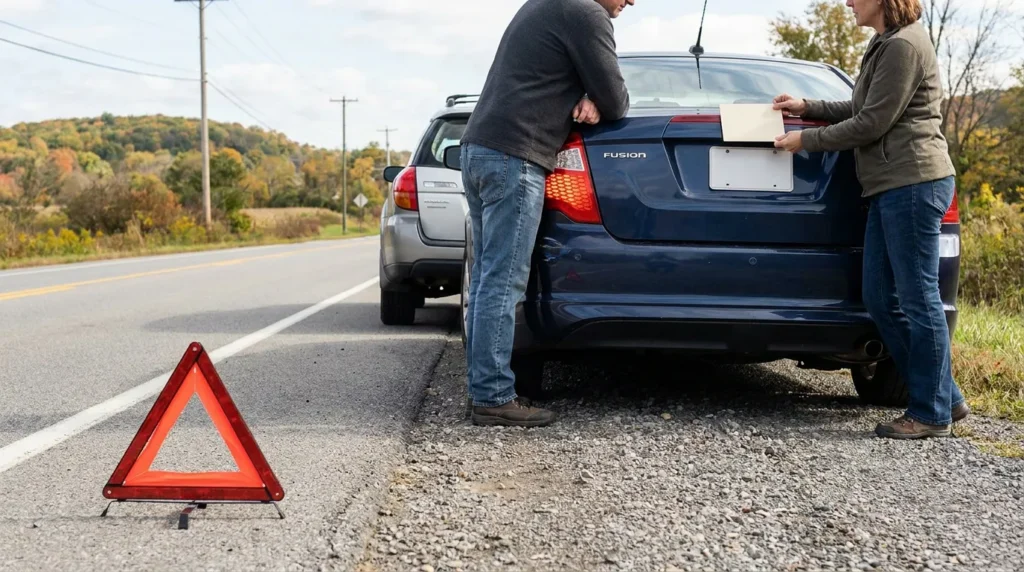 two people exchanging documents beside damaged Ford Fusion after roadside collision