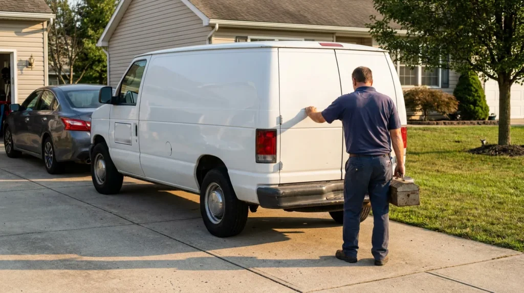 tradesman carrying toolbox opening rear doors of work van in residential driveway