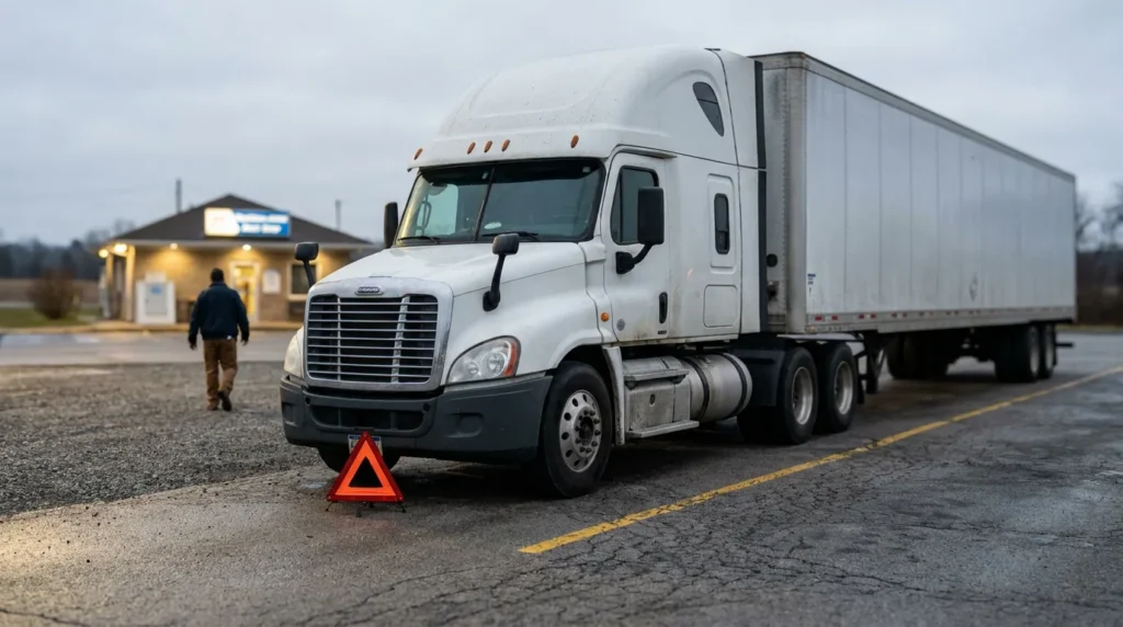 semi-truck stopped in parking lot with emergency warning triangle placed in front